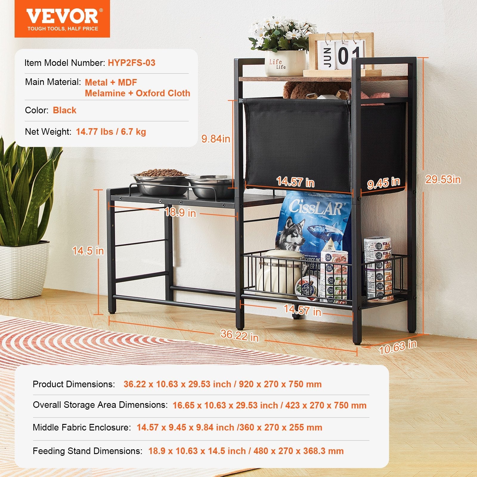 KFX-6199613 Elevated Pet Feeding Station with Storage for Bowls, Toys, and Treats, Adjustable Height Design for All Dog Sizes