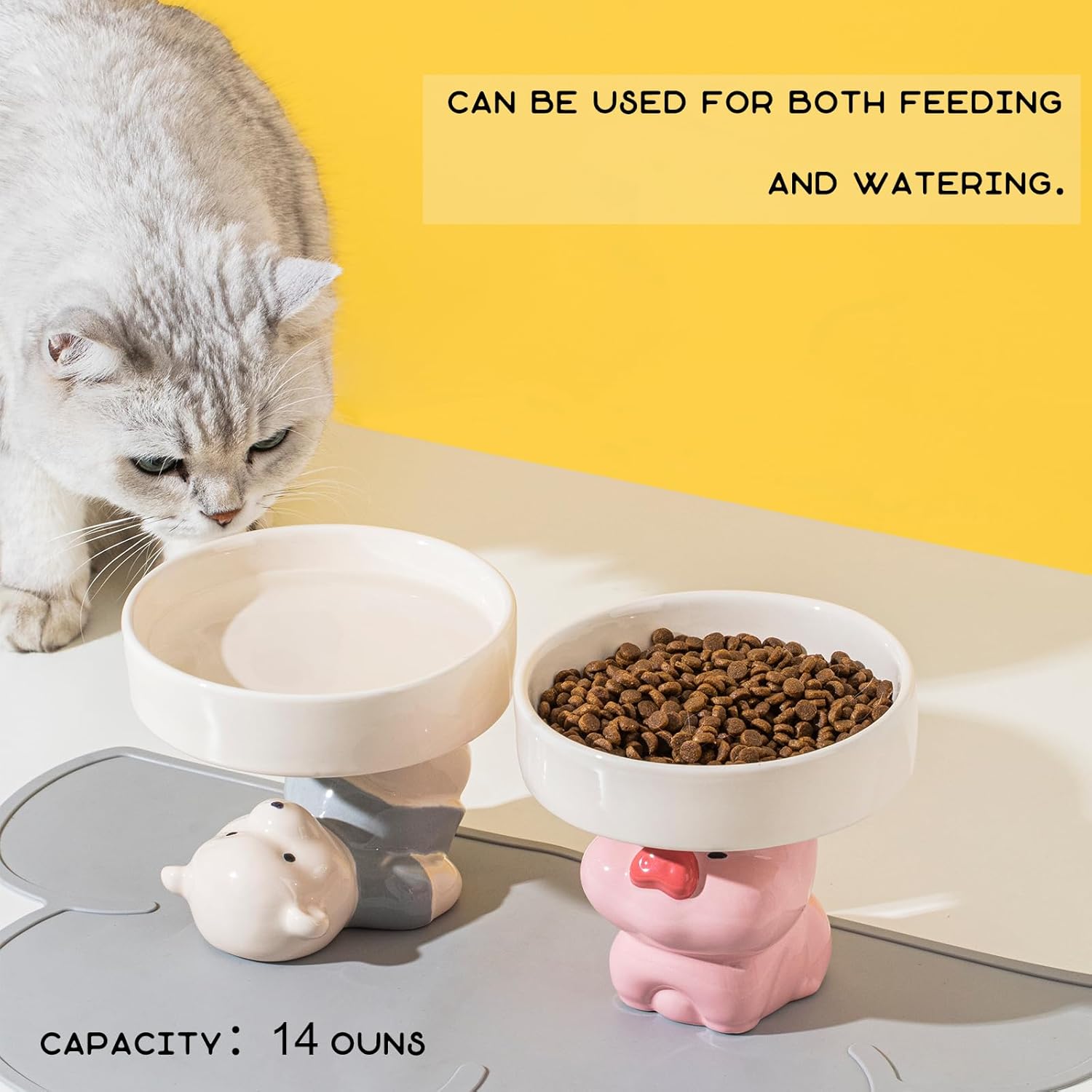 KFX-6212925 Elevated Ceramic Cat Bowls with Cute Animal Designs for Comfortable Feeding and Easy Cleaning