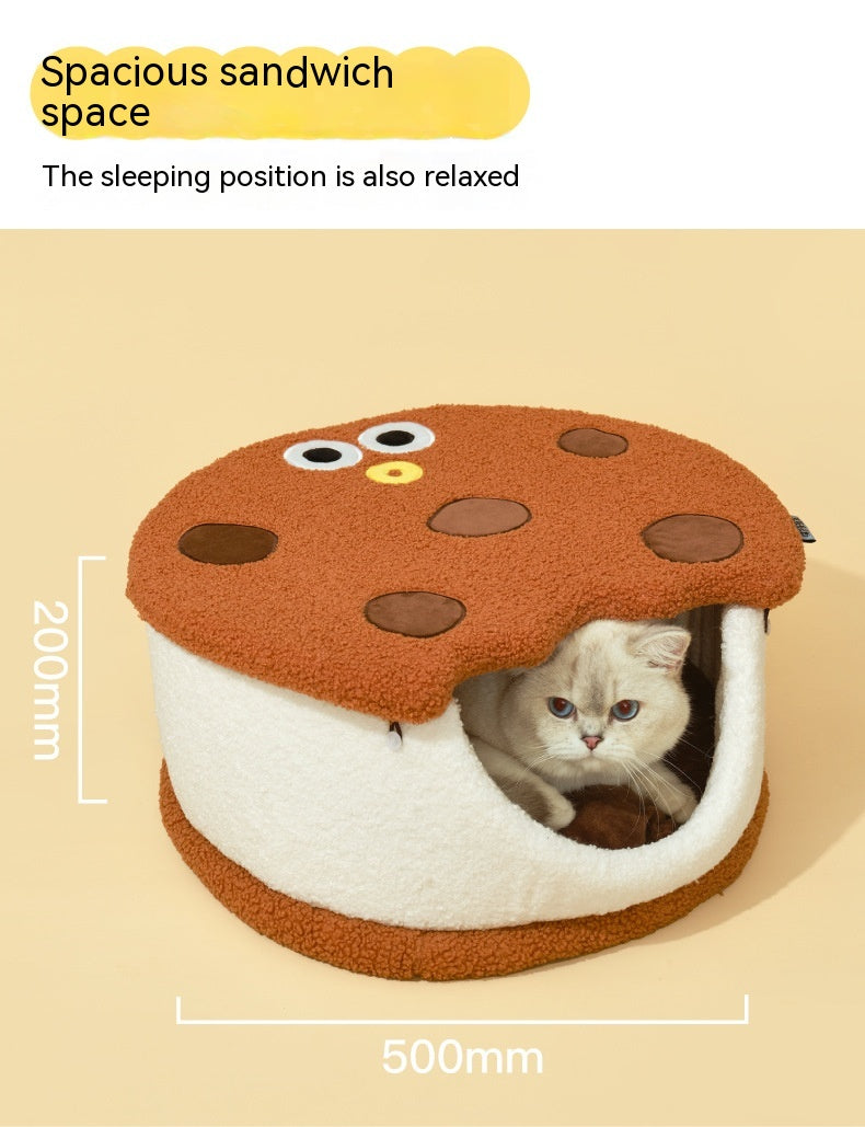 KFX-6213693 Multifunctional Semi-closed Cat Nest in Sandwich Biscuit Shape - Soft Teddy Plush with Sponge Filling