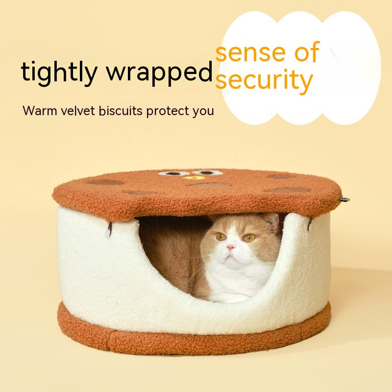 KFX-6213693 Multifunctional Semi-closed Cat Nest in Sandwich Biscuit Shape - Soft Teddy Plush with Sponge Filling