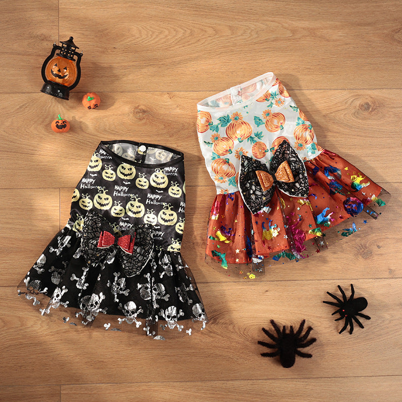 KFX-6221757 Halloween Themed Mesh Bow Pet Skirt in Orange and Black – Sizes S to XL