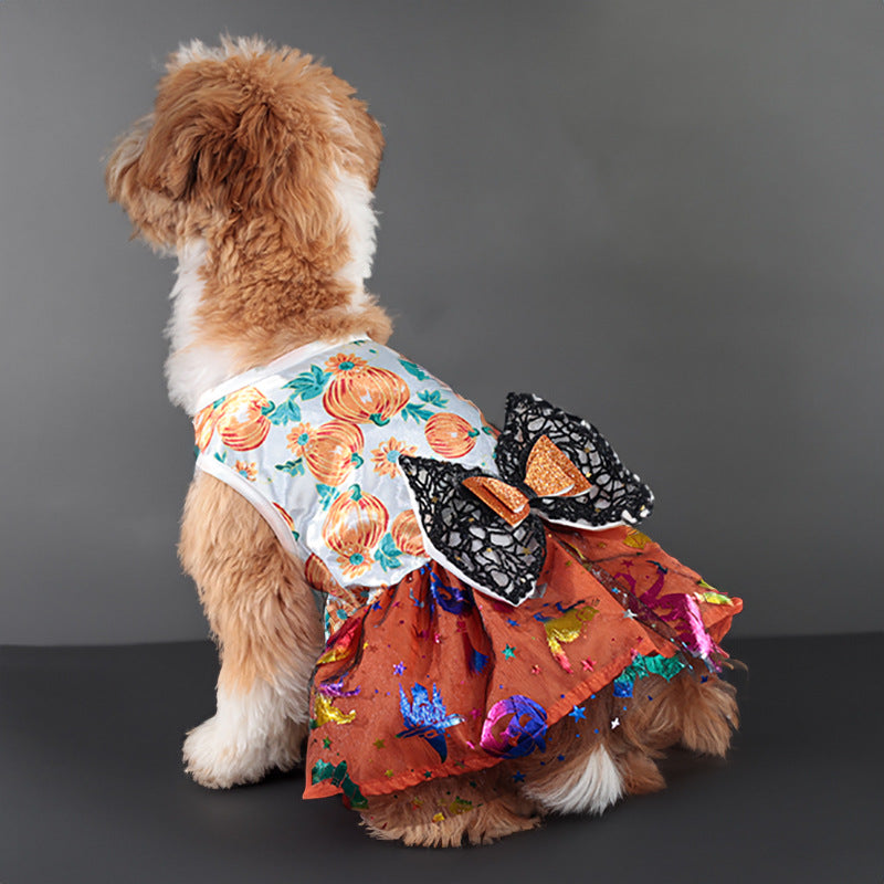 KFX-6221757 Halloween Themed Mesh Bow Pet Skirt in Orange and Black – Sizes S to XL
