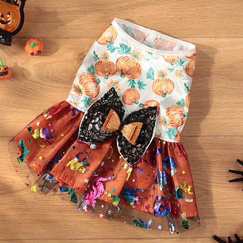 KFX-6221757 Halloween Themed Mesh Bow Pet Skirt in Orange and Black – Sizes S to XL
