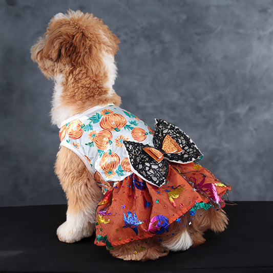 KFX-6221757 Halloween Themed Mesh Bow Pet Skirt in Orange and Black – Sizes S to XL