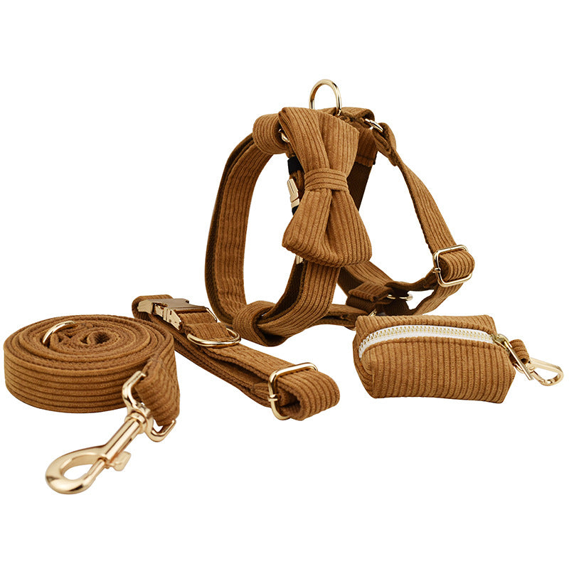 KFX-6223421 Caramel Corduroy 5-Piece Pet Collar Set with Bow, Vest, and Poop Bag