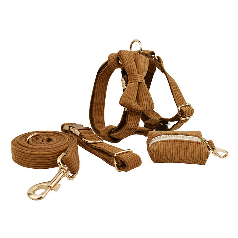KFX-6223421 Caramel Corduroy 5-Piece Pet Collar Set with Bow, Vest, and Poop Bag