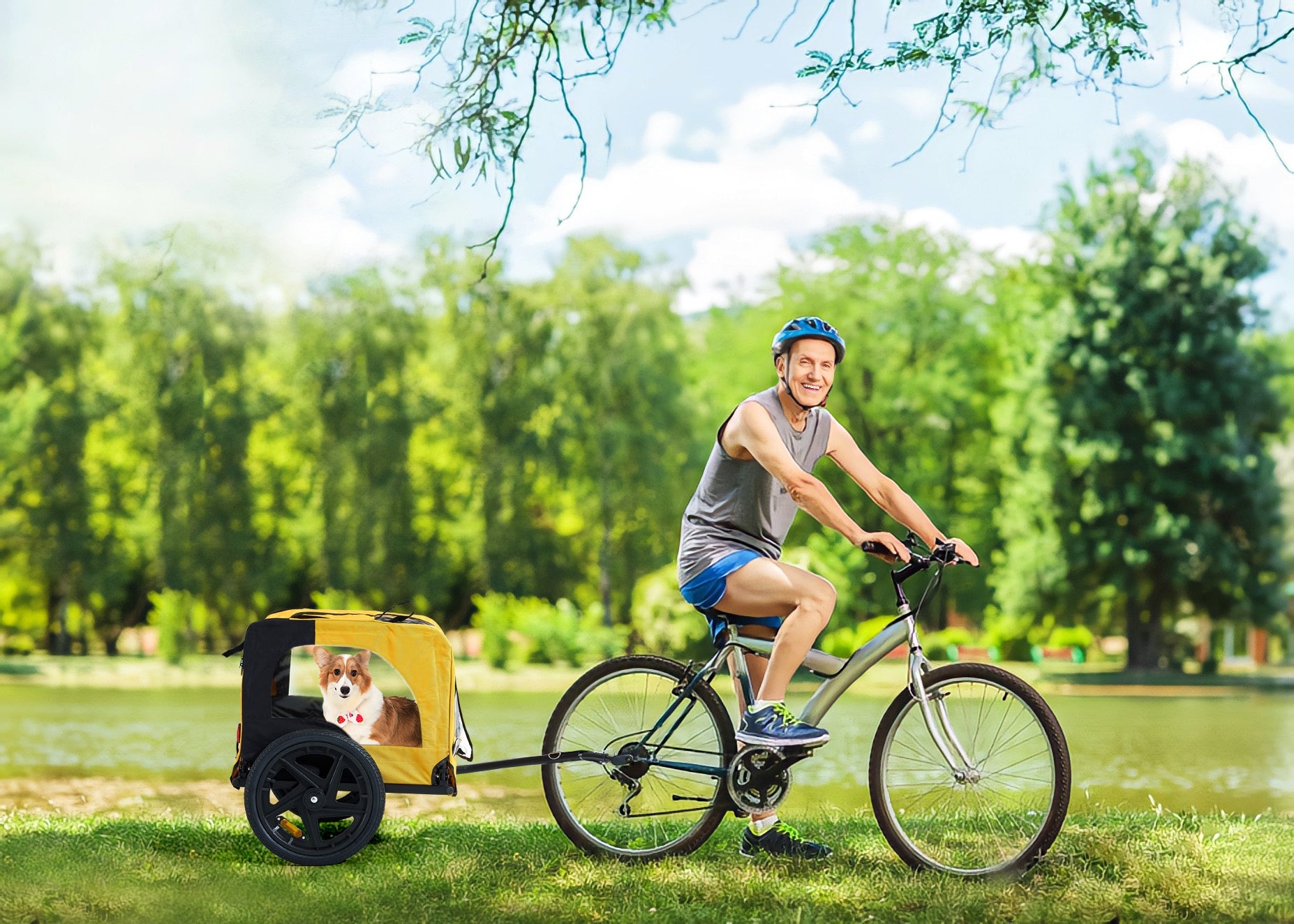 KFX-6238909 Heavy Duty Yellow Foldable Pet Stroller with Bicycle Tow and Weatherproof Canopy for Dogs