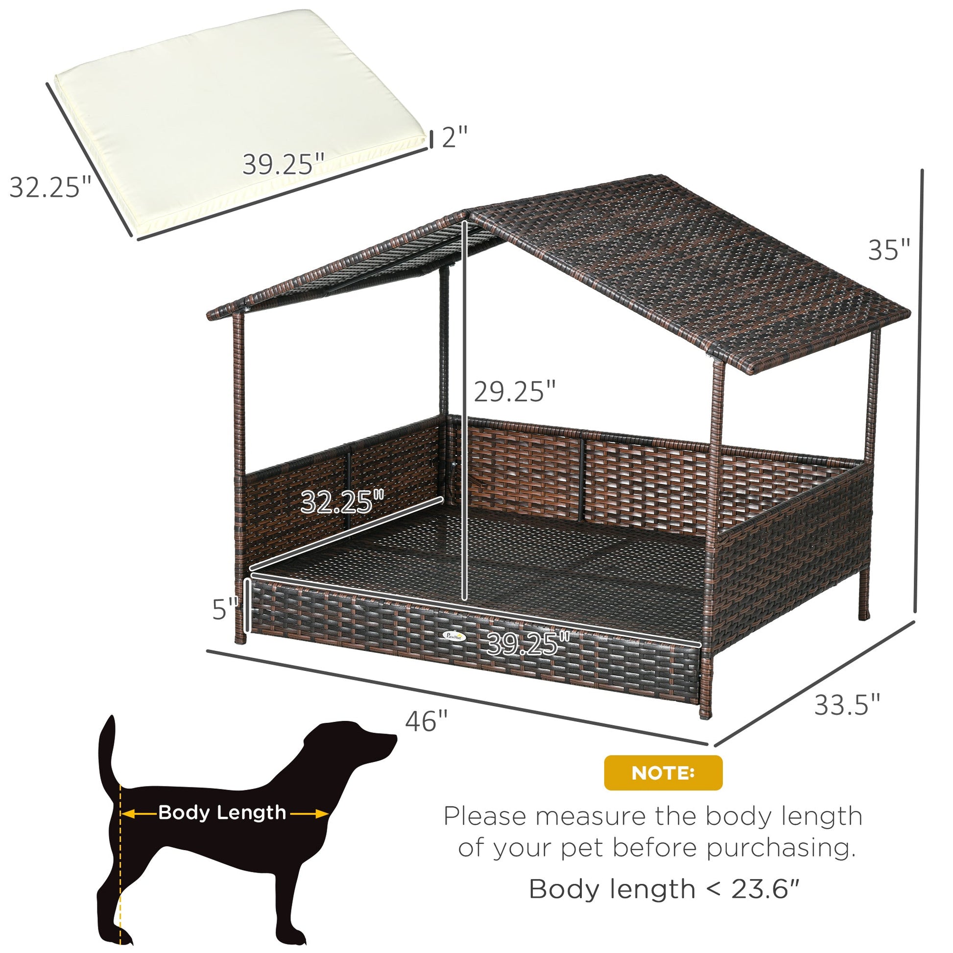 KFX-6241085 Outdoor Dog Bed with Canopy, Rattan House and Soft Removable Cushion for Medium to Large Dogs