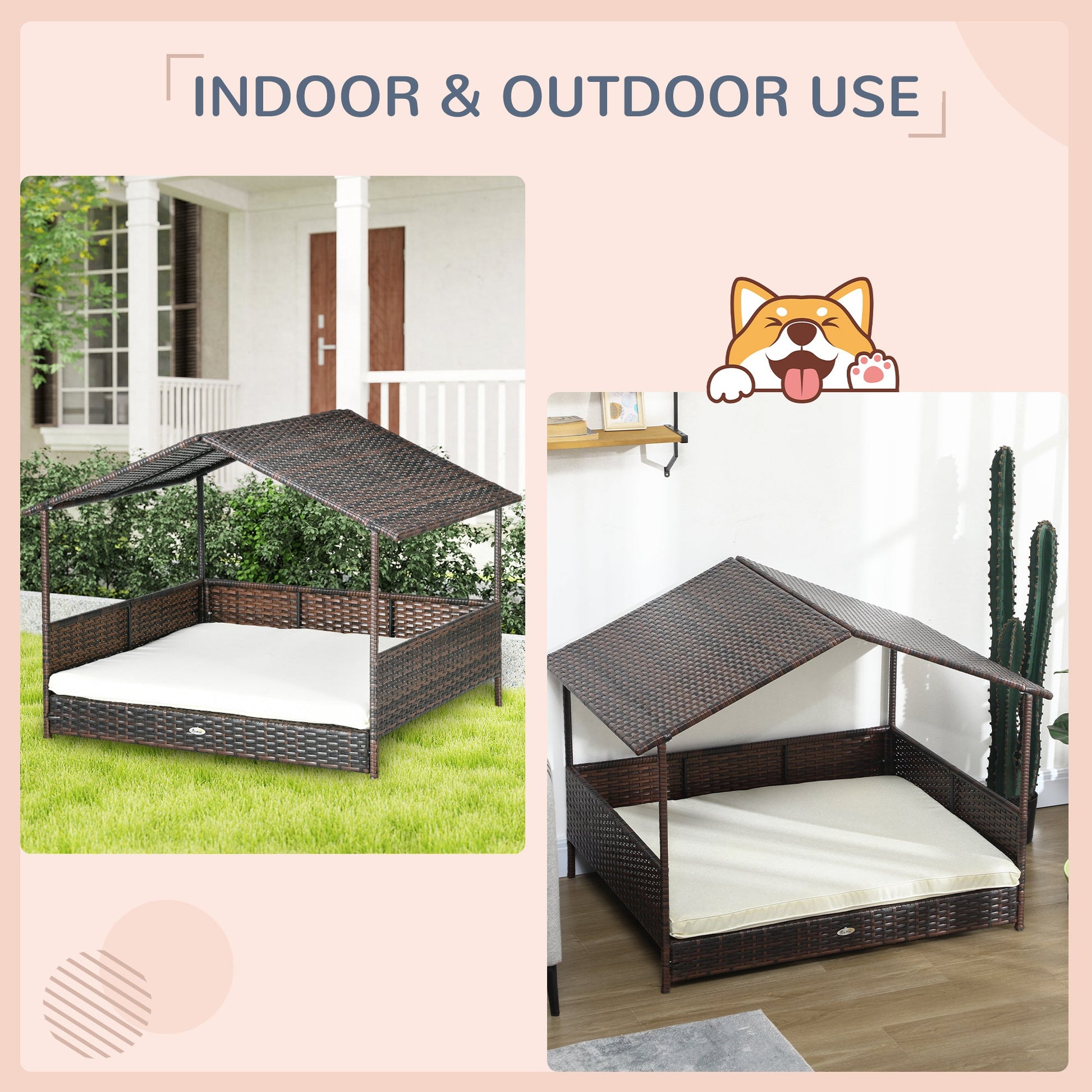 KFX-6241085 Outdoor Dog Bed with Canopy, Rattan House and Soft Removable Cushion for Medium to Large Dogs