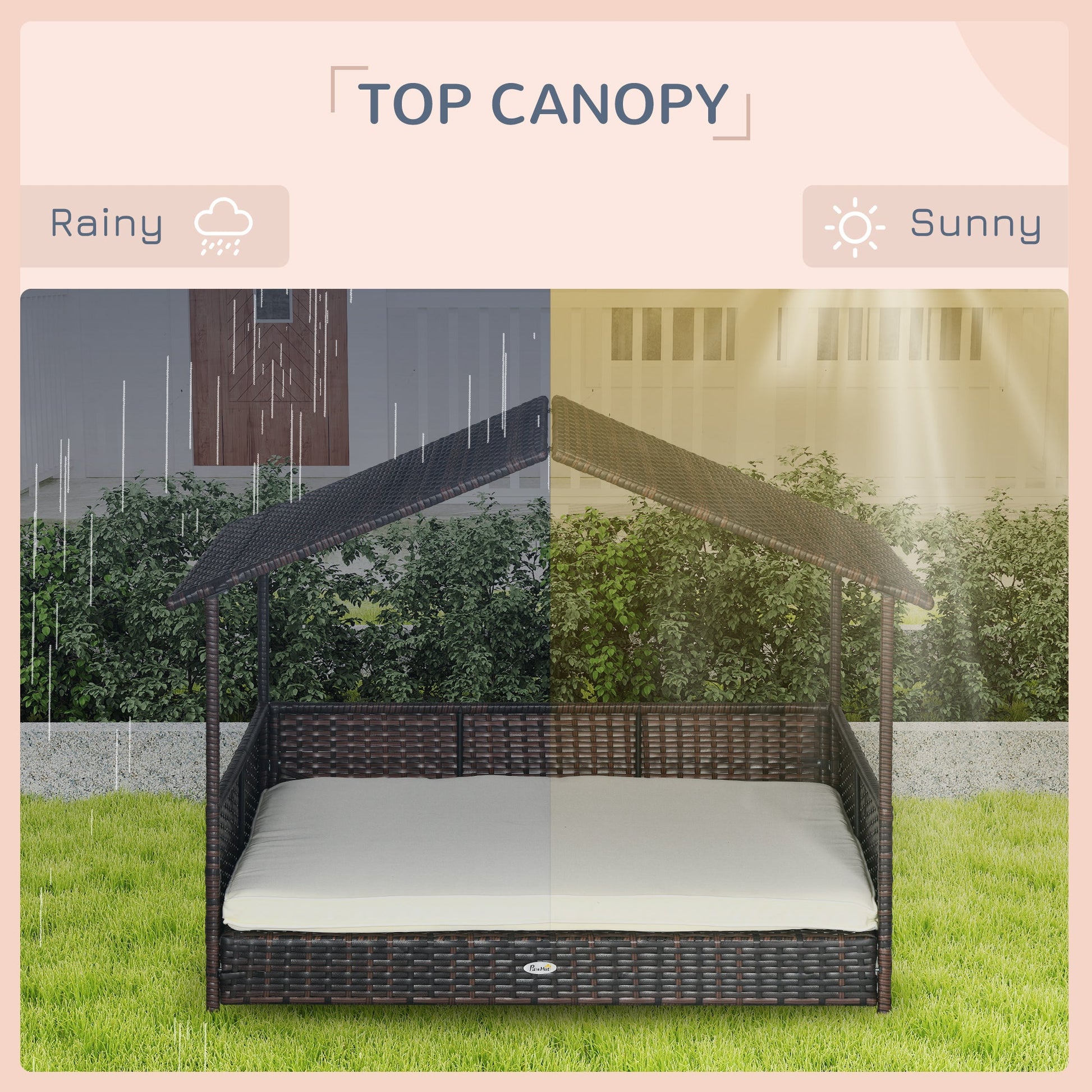 KFX-6241085 Outdoor Dog Bed with Canopy, Rattan House and Soft Removable Cushion for Medium to Large Dogs