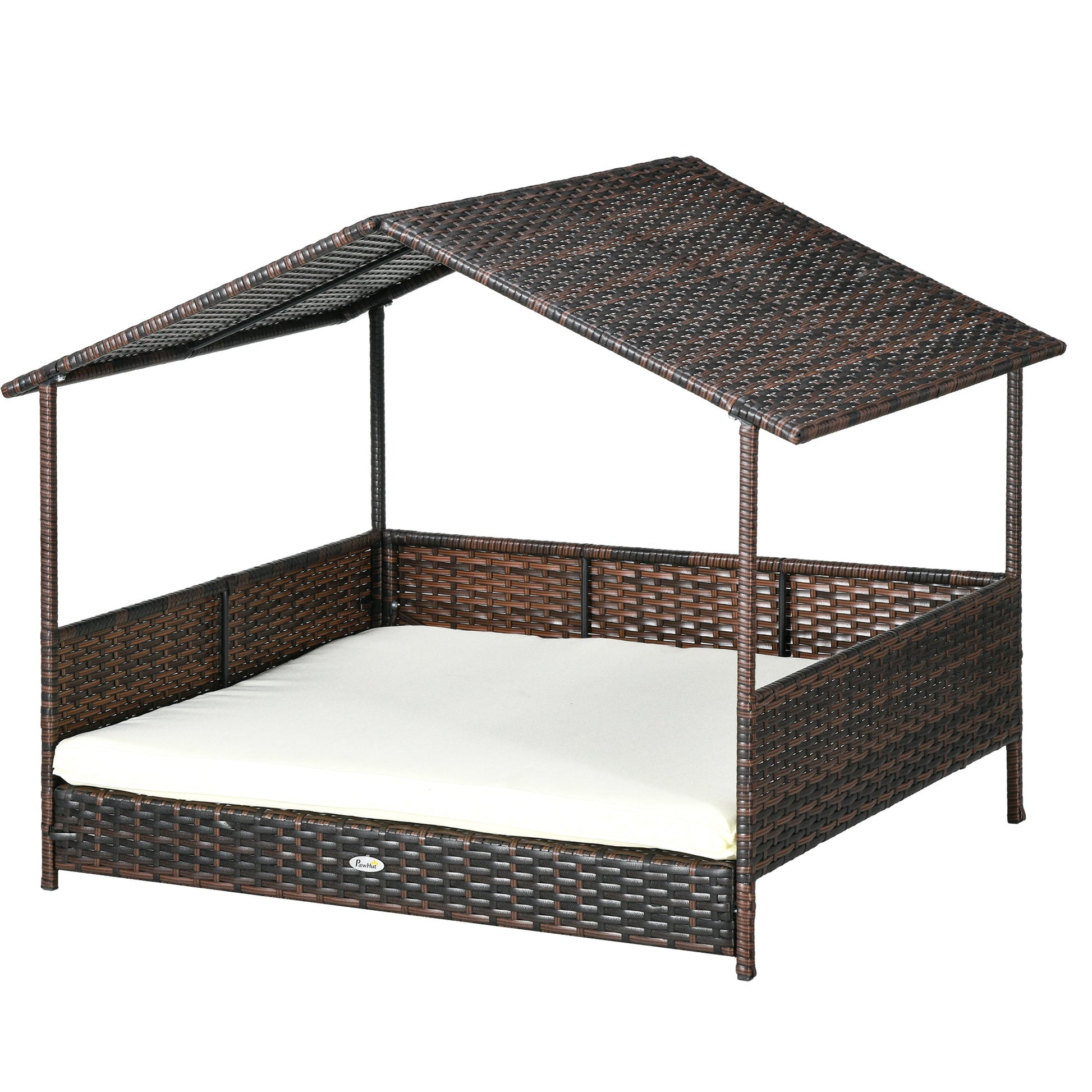 KFX-6241085 Outdoor Dog Bed with Canopy, Rattan House and Soft Removable Cushion for Medium to Large Dogs