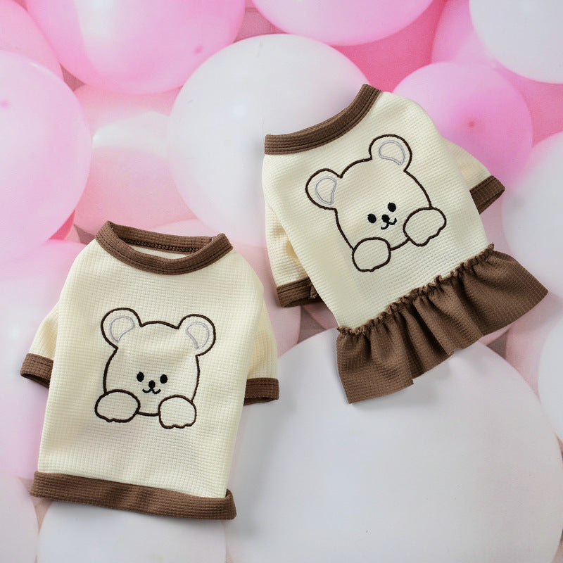 KFX-6243005 Adorable Bear-Themed Small Schnauzer Dog Clothing Set - Skirt & T-Shirt Options Available