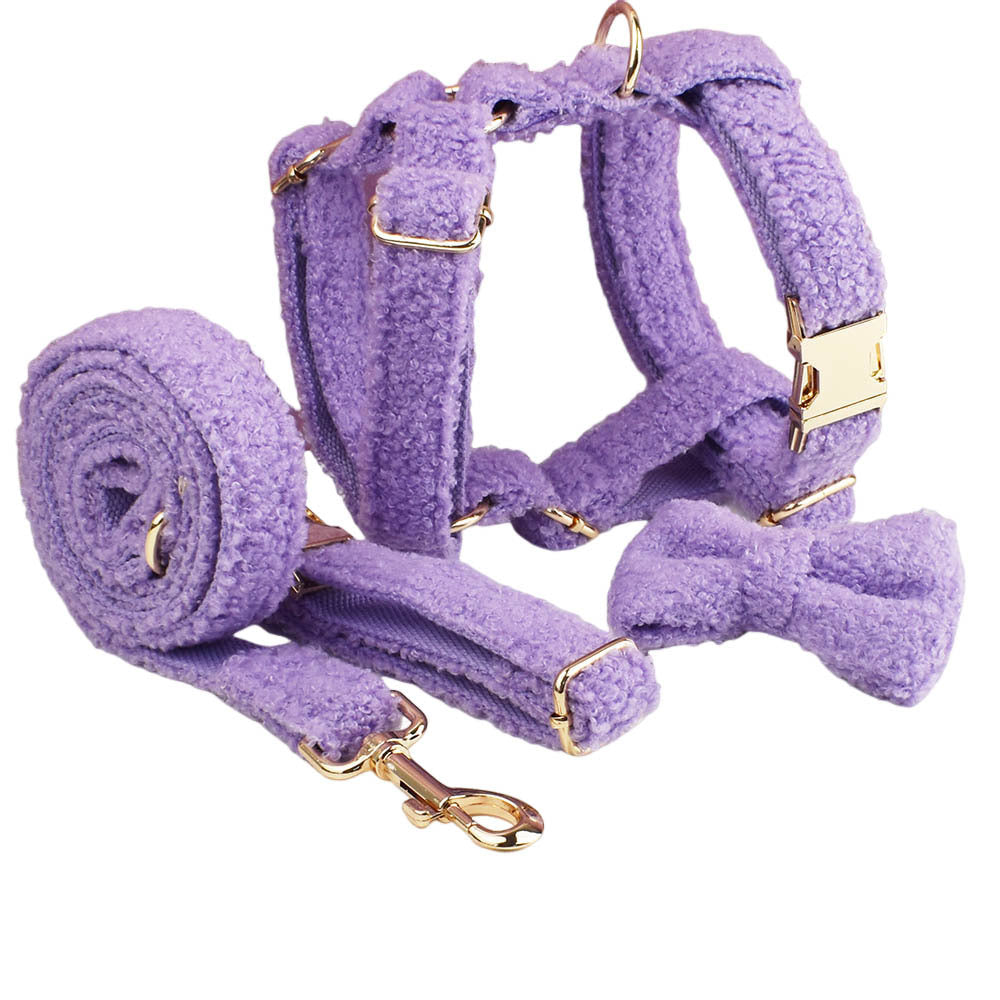 KFX-6243901 Purple Four-Piece Small Dog Accessories Set: Collar, Leash, Bow, and Vest