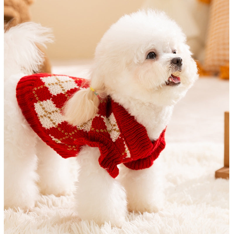 KFX-6246973 Diamond-Patterned Cherry Embroidered Sweater for Small and Medium Dogs and Cats