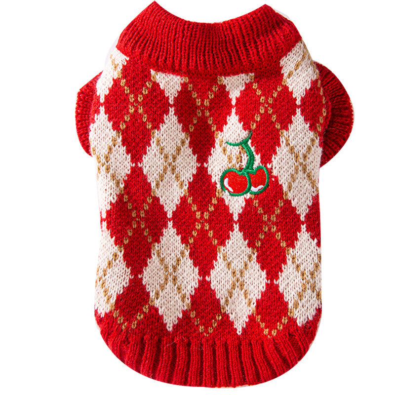 KFX-6246973 Diamond-Patterned Cherry Embroidered Sweater for Small and Medium Dogs and Cats
