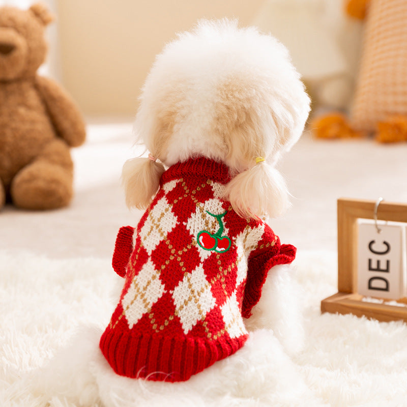 KFX-6246973 Diamond-Patterned Cherry Embroidered Sweater for Small and Medium Dogs and Cats