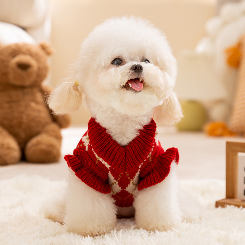 KFX-6246973 Diamond-Patterned Cherry Embroidered Sweater for Small and Medium Dogs and Cats