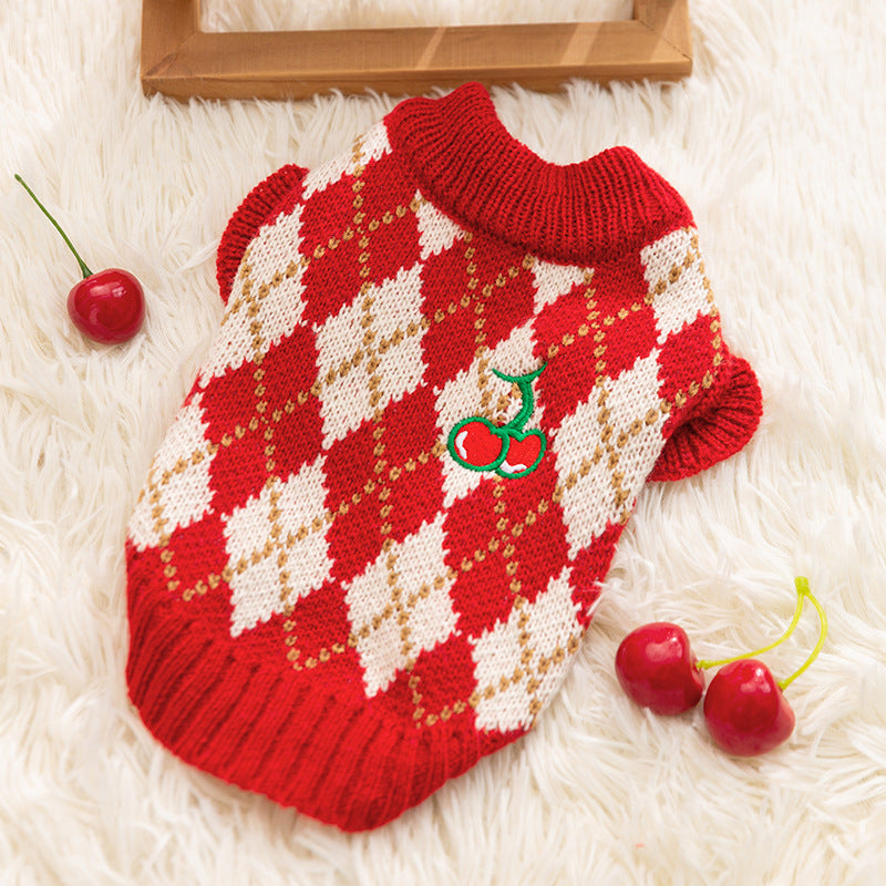 KFX-6246973 Diamond-Patterned Cherry Embroidered Sweater for Small and Medium Dogs and Cats