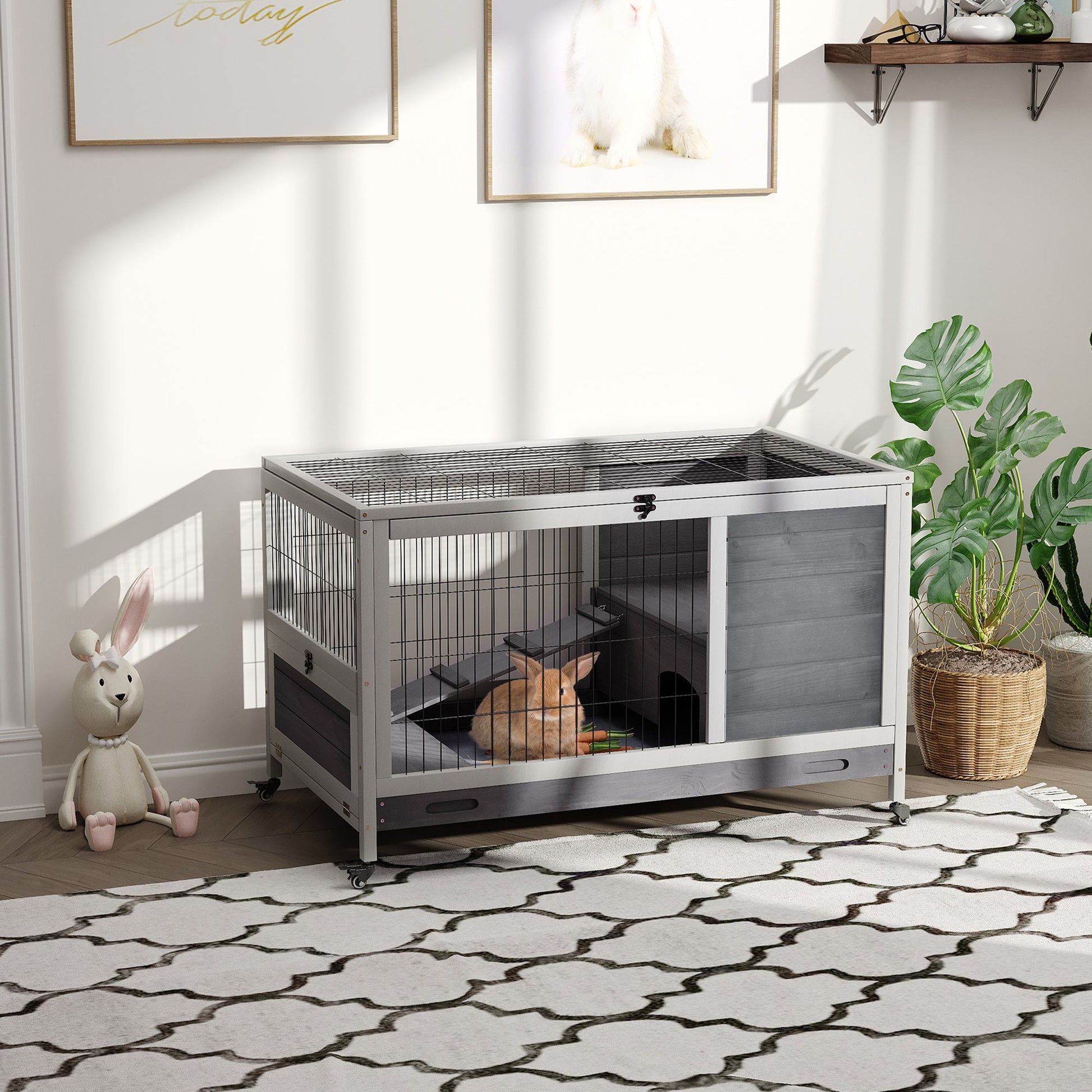 KFX-6251837 Indoor Rabbit Enclosure with Fir Wood Frame, Sturdy Steel Wire, Ramp, and Removable Tray