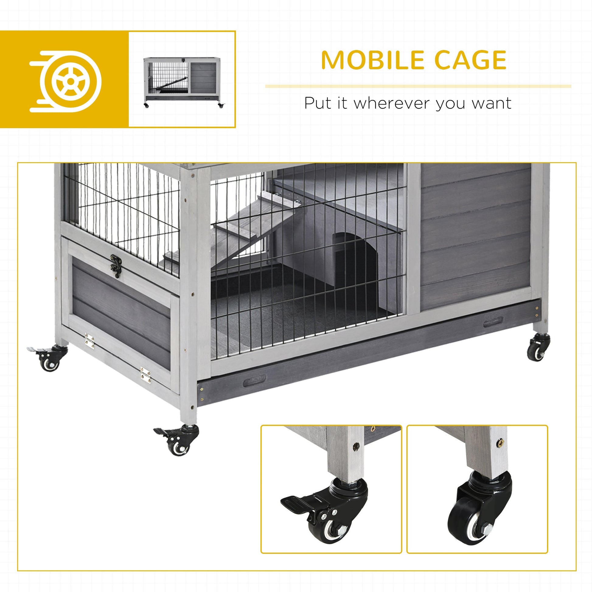 KFX-6251837 Indoor Rabbit Enclosure with Fir Wood Frame, Sturdy Steel Wire, Ramp, and Removable Tray