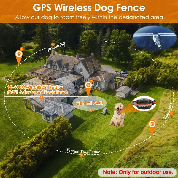 KFX-6253629 Wireless GPS Dog Fence Tracker with IPX6 Waterproof Dog Collar, 32-2887FT Radius