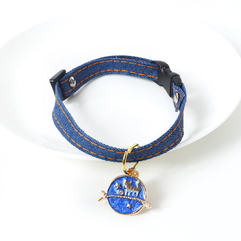 KFX-6261693 Denim Pet Collar with Five-Pointed Star Pendant, Adjustable 17-30cm Size