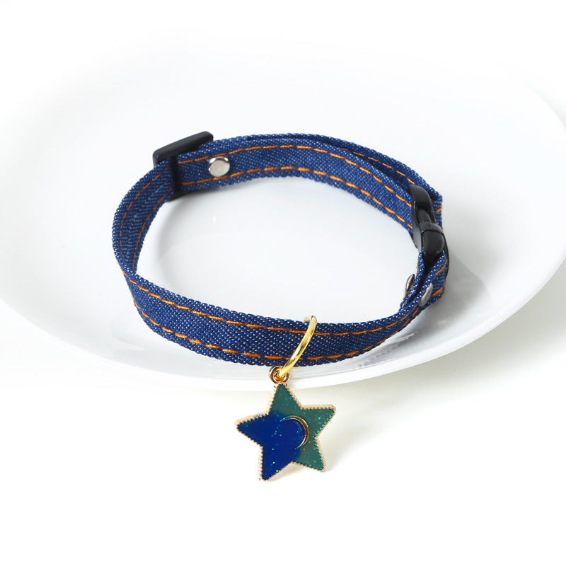 KFX-6261693 Denim Pet Collar with Five-Pointed Star Pendant, Adjustable 17-30cm Size