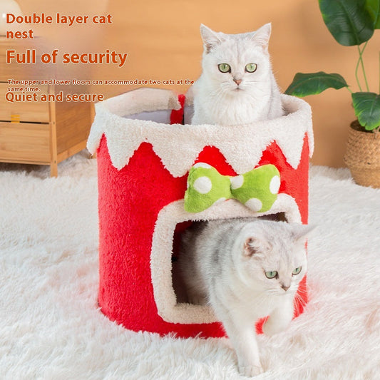 KFX-6262973 Double Layer Cat Climbing Frame and Nest for All Seasons - Green and Red Options