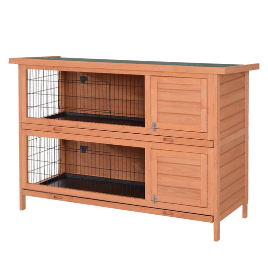 KFX-6263357 2-Story Wooden Rabbit Hutch with Lockable Doors and Waterproof Roof, Ideal Habitat for Small Animals