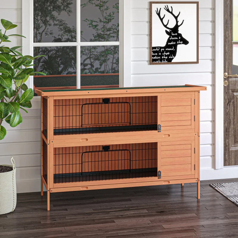 KFX-6263357 2-Story Wooden Rabbit Hutch with Lockable Doors and Waterproof Roof, Ideal Habitat for Small Animals