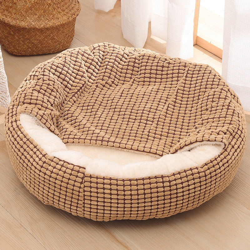 KFX-6263741 Warm Winter Semi-Enclosed Pet Nest - Soft Corn and Rose Velvet Options Available in Various Sizes