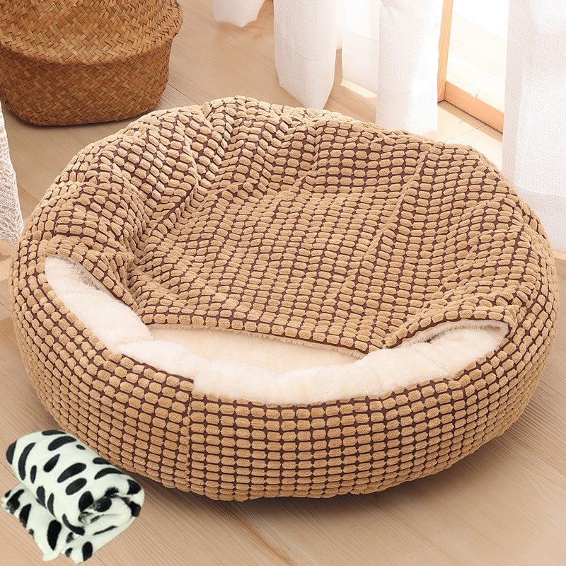 KFX-6263741 Warm Winter Semi-Enclosed Pet Nest - Soft Corn and Rose Velvet Options Available in Various Sizes