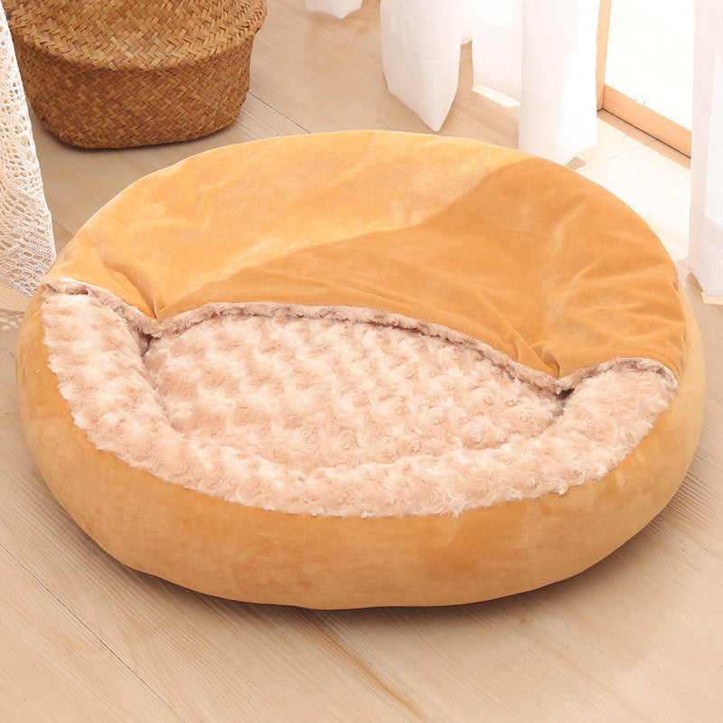 KFX-6263741 Warm Winter Semi-Enclosed Pet Nest - Soft Corn and Rose Velvet Options Available in Various Sizes