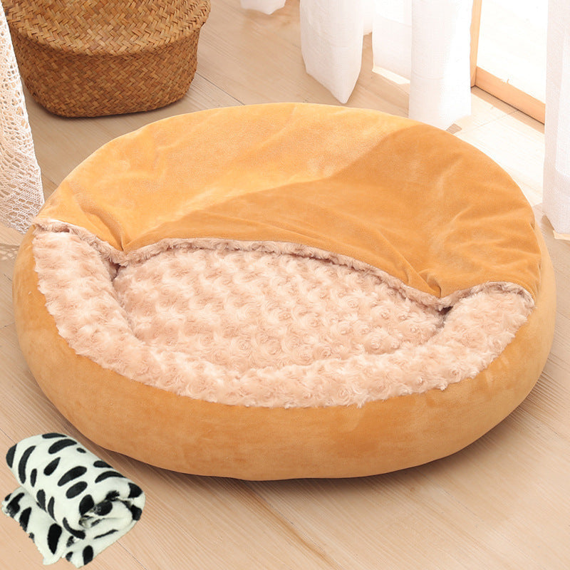 KFX-6263741 Warm Winter Semi-Enclosed Pet Nest - Soft Corn and Rose Velvet Options Available in Various Sizes
