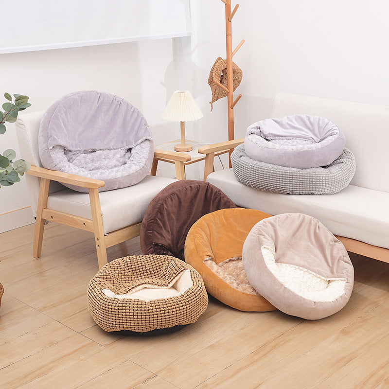 KFX-6263741 Warm Winter Semi-Enclosed Pet Nest - Soft Corn and Rose Velvet Options Available in Various Sizes