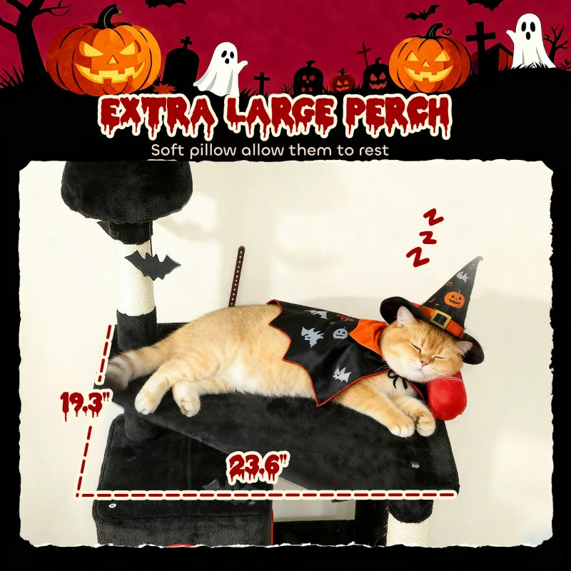 KFX-6270909 Gothic Cat Tree with Coffin Bed, Two Condos, Sisal Scratching Posts, and Bat Teaser Balls