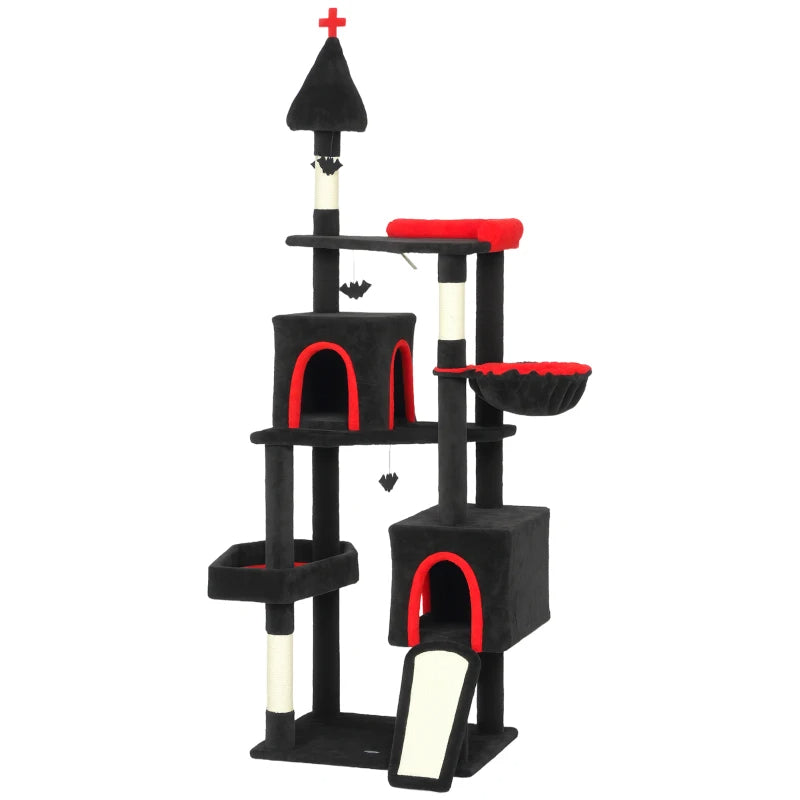 KFX-6270909 Gothic Cat Tree with Coffin Bed, Two Condos, Sisal Scratching Posts, and Bat Teaser Balls