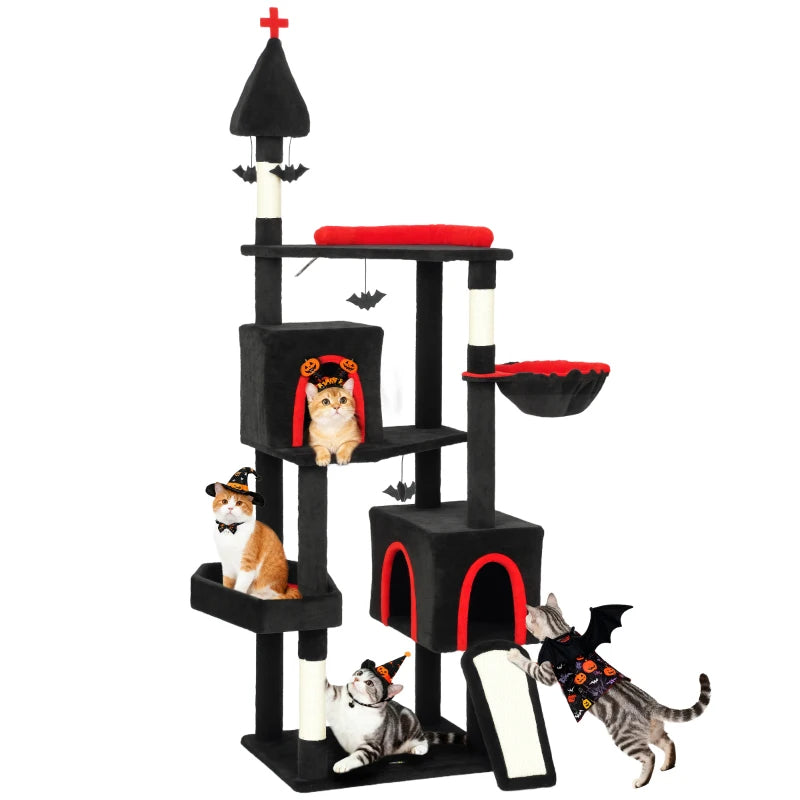 KFX-6270909 Gothic Cat Tree with Coffin Bed, Two Condos, Sisal Scratching Posts, and Bat Teaser Balls