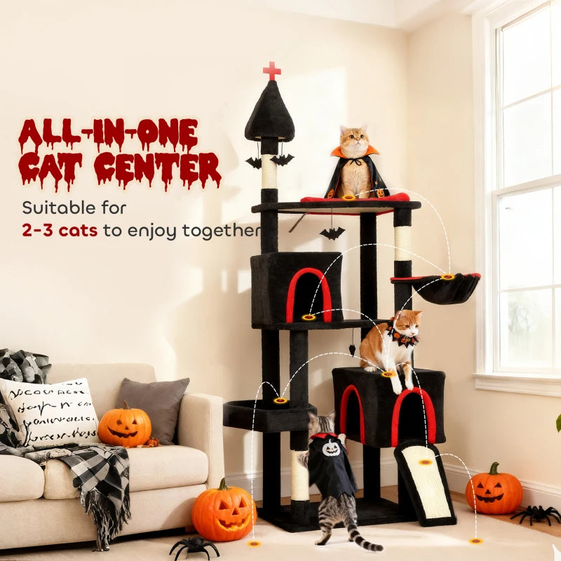 KFX-6270909 Gothic Cat Tree with Coffin Bed, Two Condos, Sisal Scratching Posts, and Bat Teaser Balls