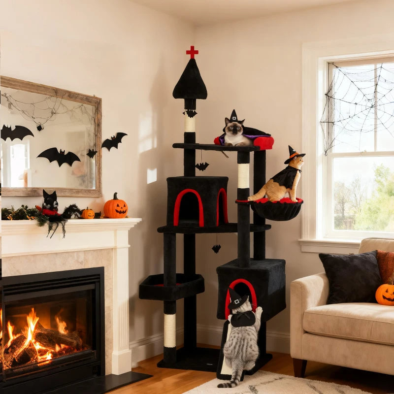 KFX-6270909 Gothic Cat Tree with Coffin Bed, Two Condos, Sisal Scratching Posts, and Bat Teaser Balls