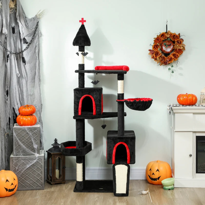 KFX-6270909 Gothic Cat Tree with Coffin Bed, Two Condos, Sisal Scratching Posts, and Bat Teaser Balls