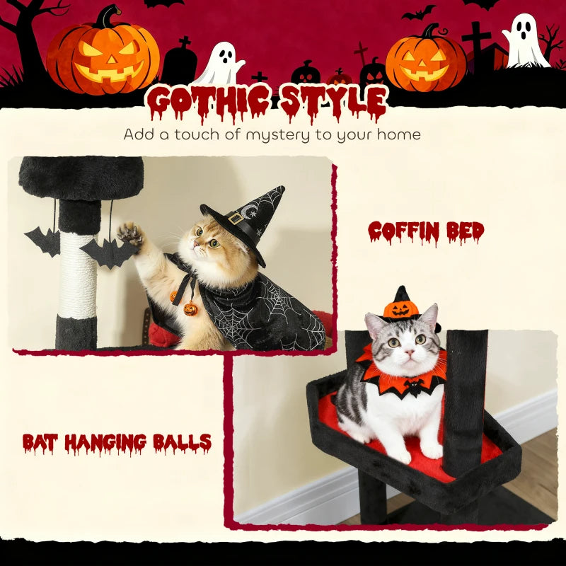 KFX-6270909 Gothic Cat Tree with Coffin Bed, Two Condos, Sisal Scratching Posts, and Bat Teaser Balls