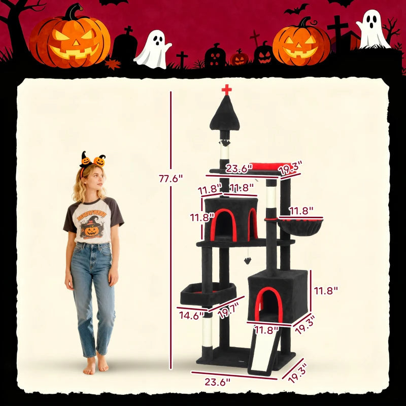 KFX-6270909 Gothic Cat Tree with Coffin Bed, Two Condos, Sisal Scratching Posts, and Bat Teaser Balls