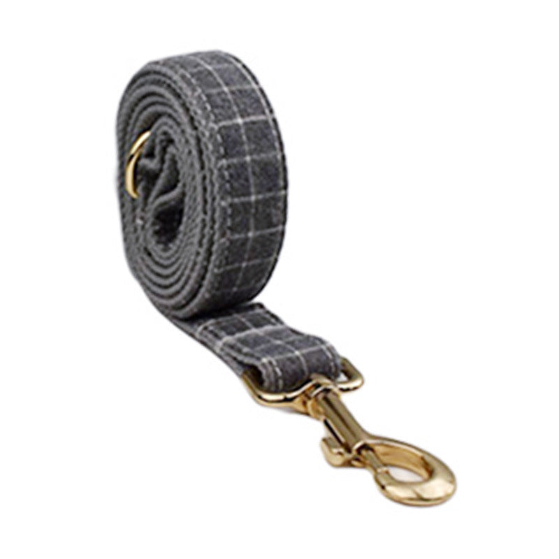 KFX-6271421 Gray Plaid Flannel Dog Collar and Leash Set with Bow and Vest