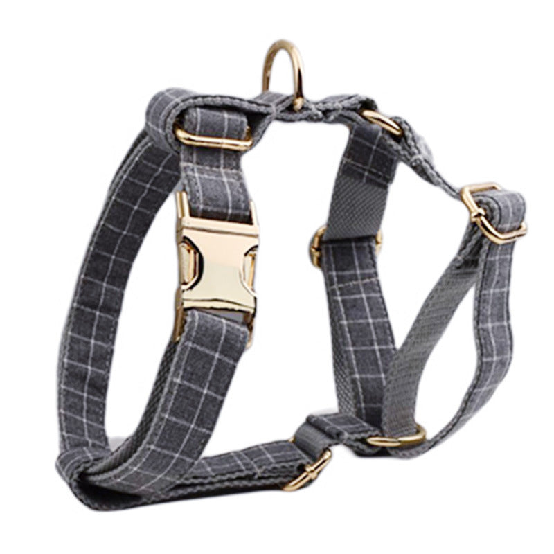 KFX-6271421 Gray Plaid Flannel Dog Collar and Leash Set with Bow and Vest