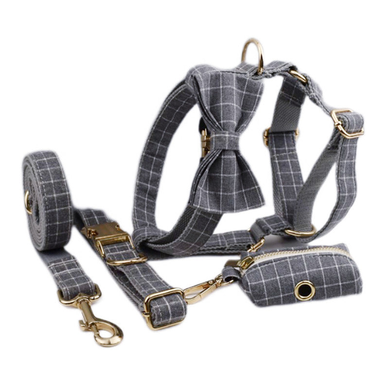 KFX-6271421 Gray Plaid Flannel Dog Collar and Leash Set with Bow and Vest