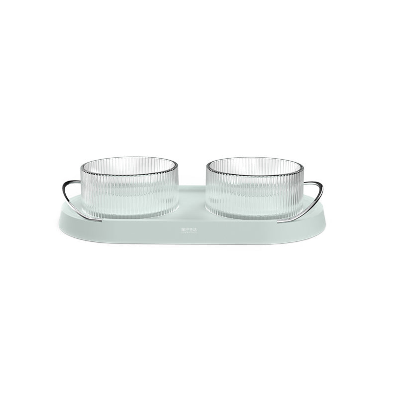 KFX-6281149 Double Cat and Dog Food Bowl in Green and White - Durable Plastic with Zinc Alloy Handle