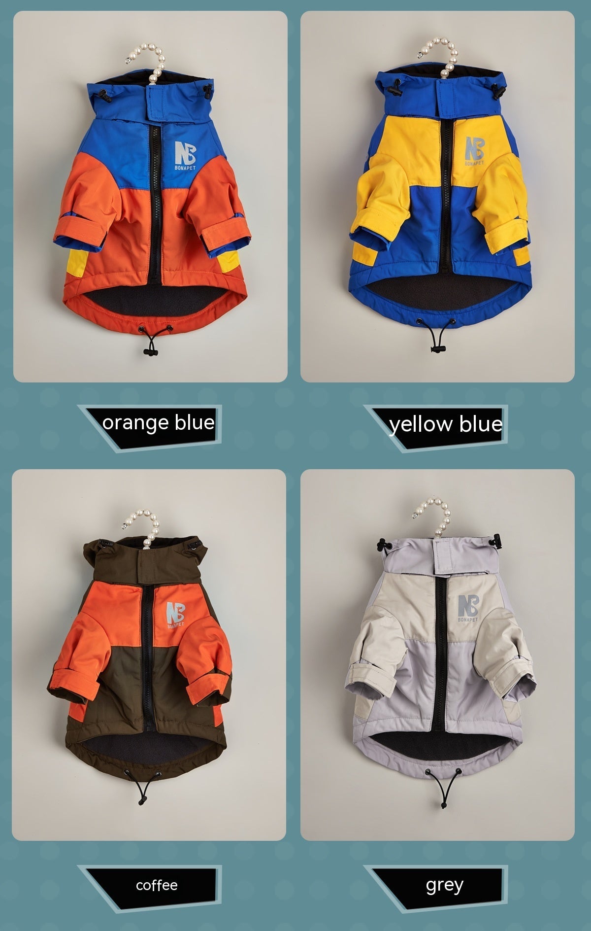 KFX-6283325 Waterproof Warm Dog Jacket for Autumn and Winter – Casual Pet Raincoat in Three-Color Stitching