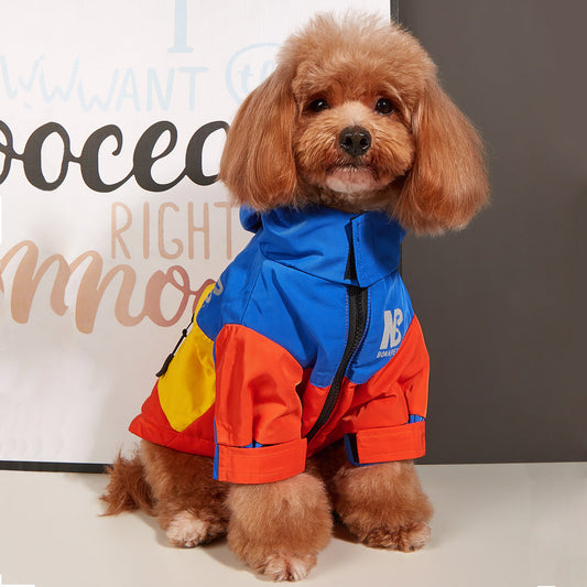 KFX-6283325 Waterproof Warm Dog Jacket for Autumn and Winter – Casual Pet Raincoat in Three-Color Stitching