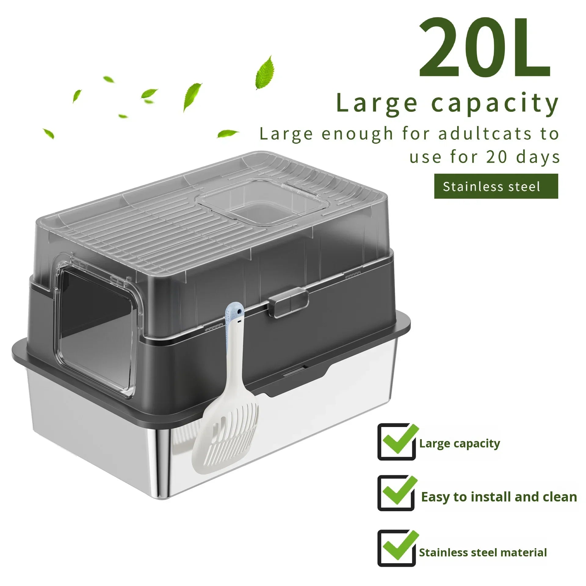 KFX-628435 Eco-Friendly 20L Stainless Steel Cat Litter Box – Easy to Clean and Foldable Design